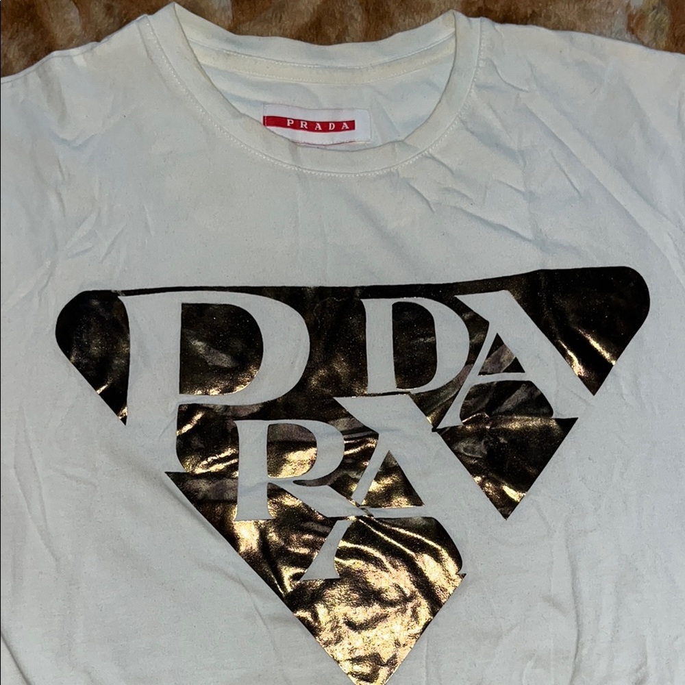 Prada White T-Shirt with Black and Gold Logo
